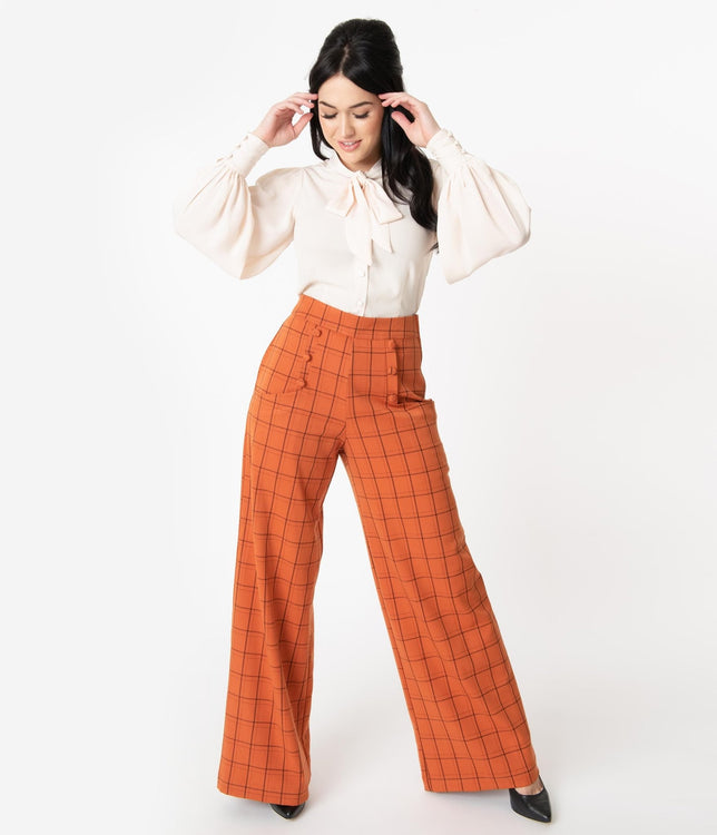 Unique Vintage Plus Size 1940s Orange Windowpane High Waist Ginger Pants