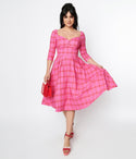 Plaid Print Swing-Skirt Sweetheart Fitted Pleated Back Zipper 3/4 Sleeves Dress