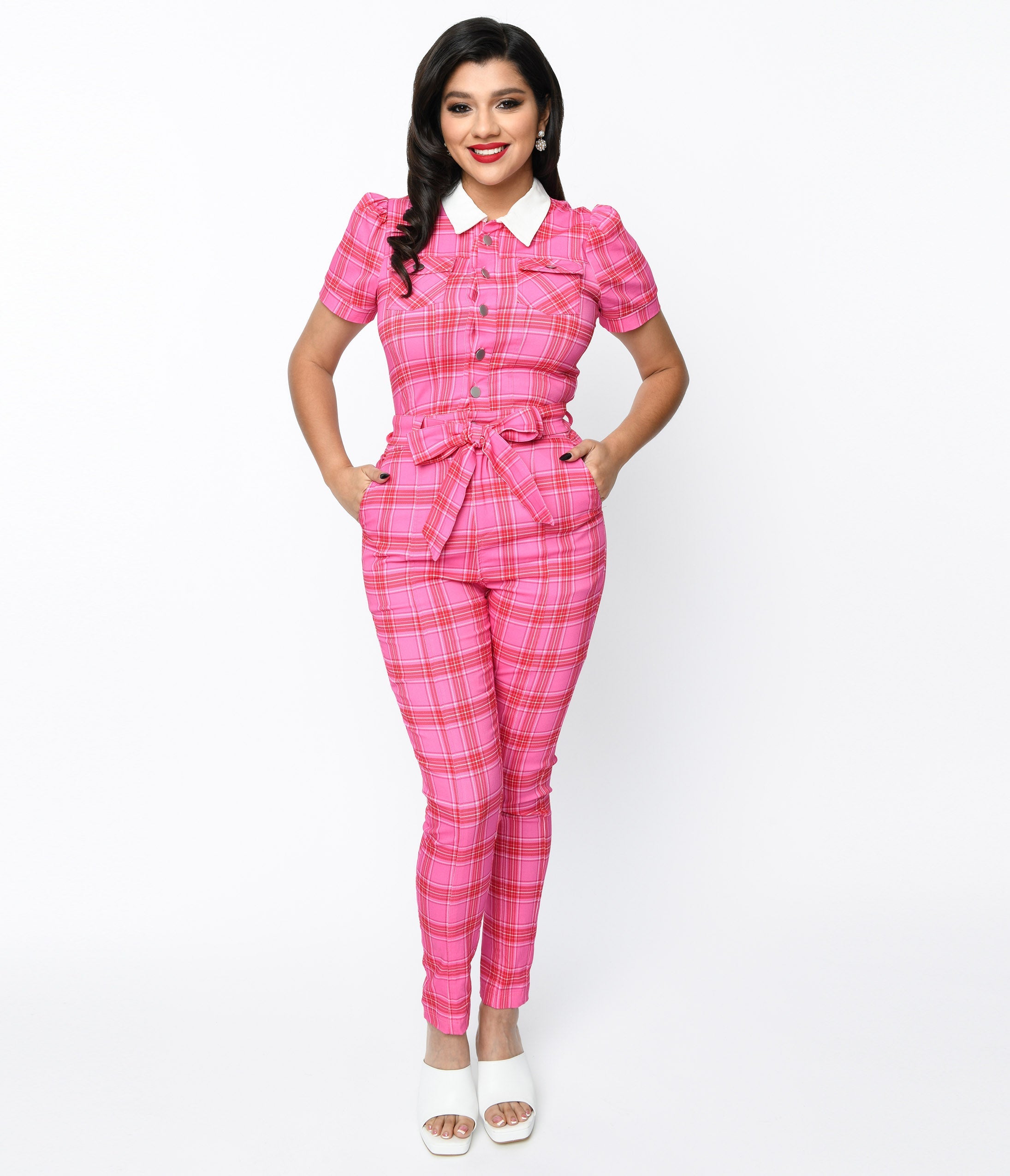 

Unique Vintage 1970S Pink & Red Plaid Skinny Leg Bexley Jumpsuit