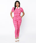 Plaid Print Fitted Front Zipper Jumpsuit With a Sash