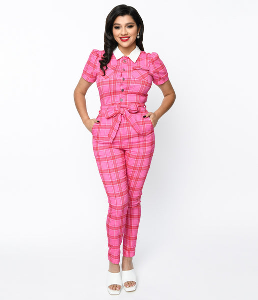 Fitted Front Zipper Plaid Print Jumpsuit With a Sash