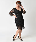 Plus Size Sheer Long Sleeves Cocktail Sequined Vintage Beaded General Print Dress