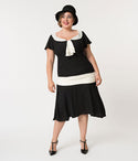 Plus Size V-neck Flutter Short Sleeves Sleeves Dropped Empire Waistline Back Zipper Banding Pleated Draped Vintage Dress