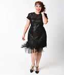 Plus Size Sequined Illusion Fitted V Back Back Zipper Mesh Sheer Tiered High-Neck Sweetheart Cap Sleeves Dress
