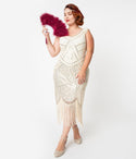 Plus 1920s Cream & Beaded Leonie Fringe Flapper Dress