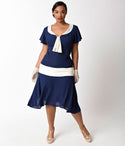 Plus Size V-neck Dropped Empire Waistline Back Zipper Pleated Vintage Banding Draped Flutter Short Sleeves Sleeves Dress