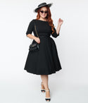 Plus Size Back Zipper Belted Pocketed Fitted 3/4 Sleeves Bateau Neck Swing-Skirt Dress