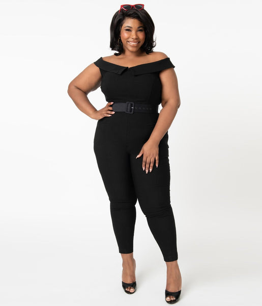 Plus Size Belted Pocketed Fitted Back Zipper Elasticized Waistline Bardot Neck Notched Collar Off the Shoulder Jumpsuit