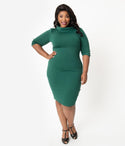 Plus Size Knit Elbow Length Sleeves Cowl Neck High-Neck Gathered Vintage Back Zipper Back Vent Pencil-Skirt Dress