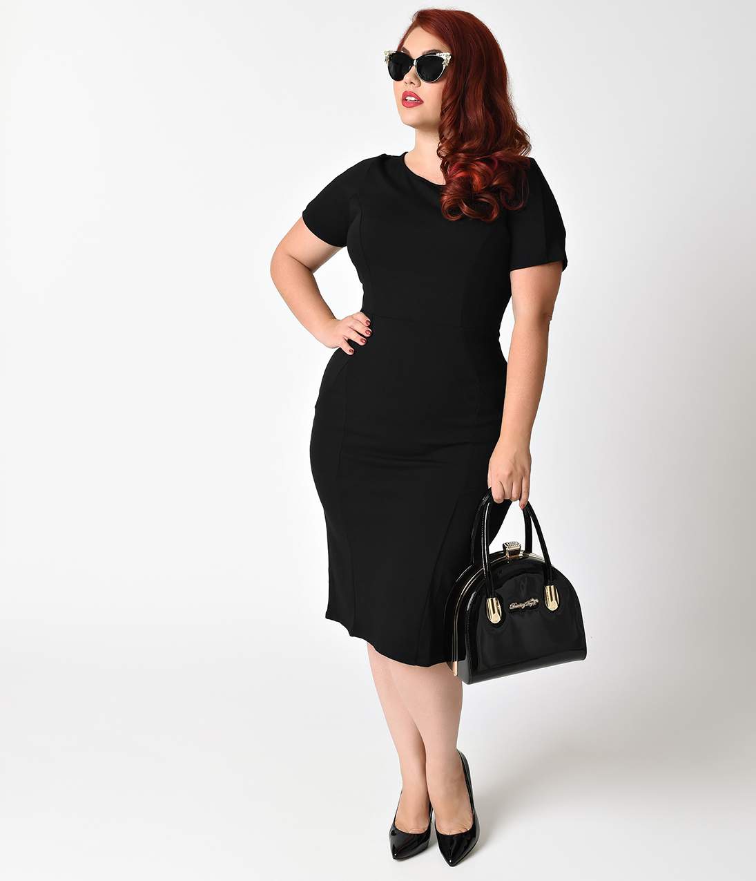 

Unique Vintage Plus Size 1960S Style Black Short Sleeve Stretch Mod Wiggle Dress