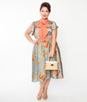 Plus Size Swing-Skirt Satin Collared Self Tie Floral Print Short Sleeves Sleeves Dress