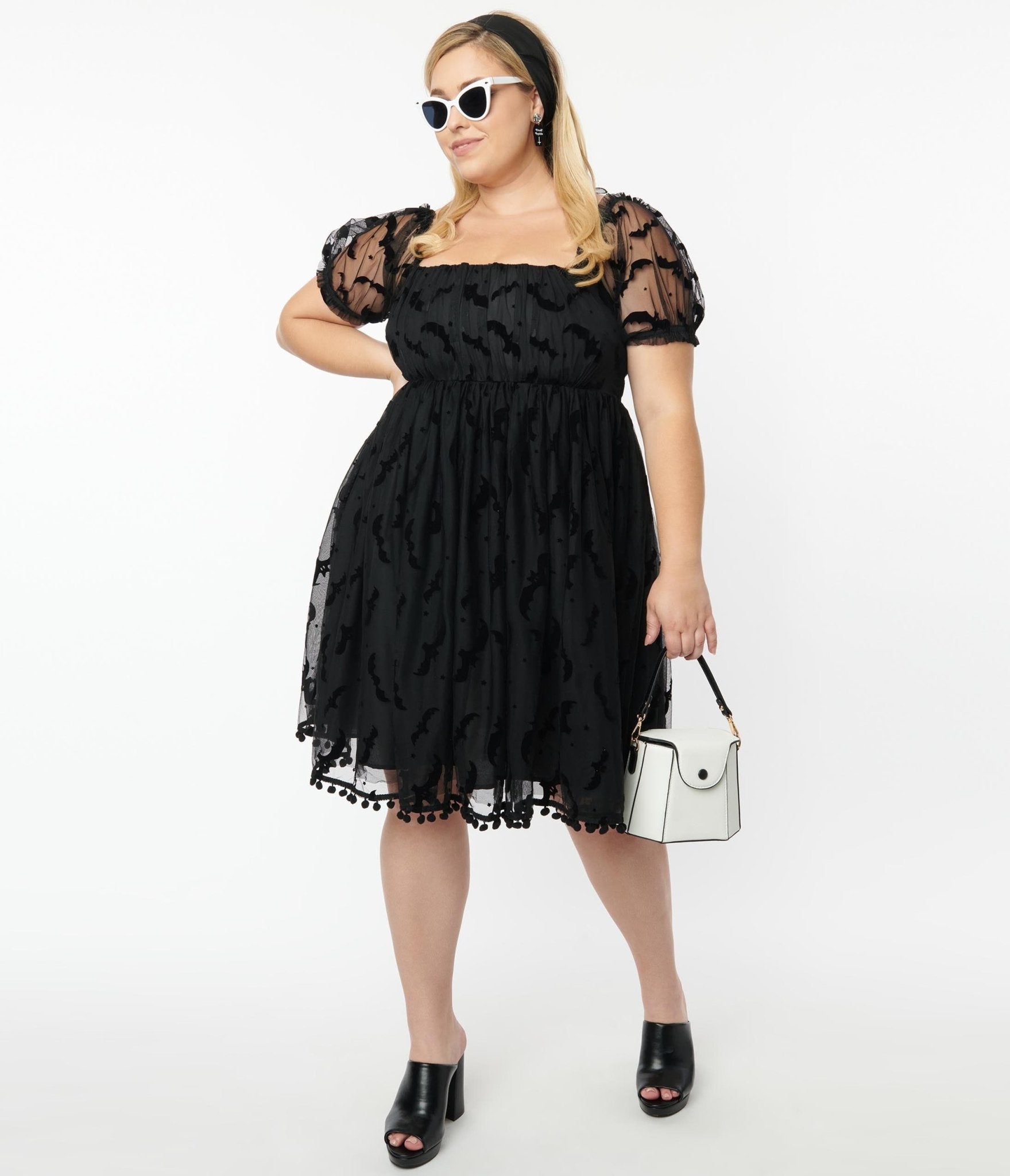 

Unique Vintage Plus Size Black Bat Mesh Babydoll Belle Dress