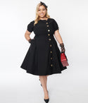 Plus Size Swing-Skirt Asymmetric Stretchy Button Front Fitted Pocketed Short Sleeves Sleeves Dress