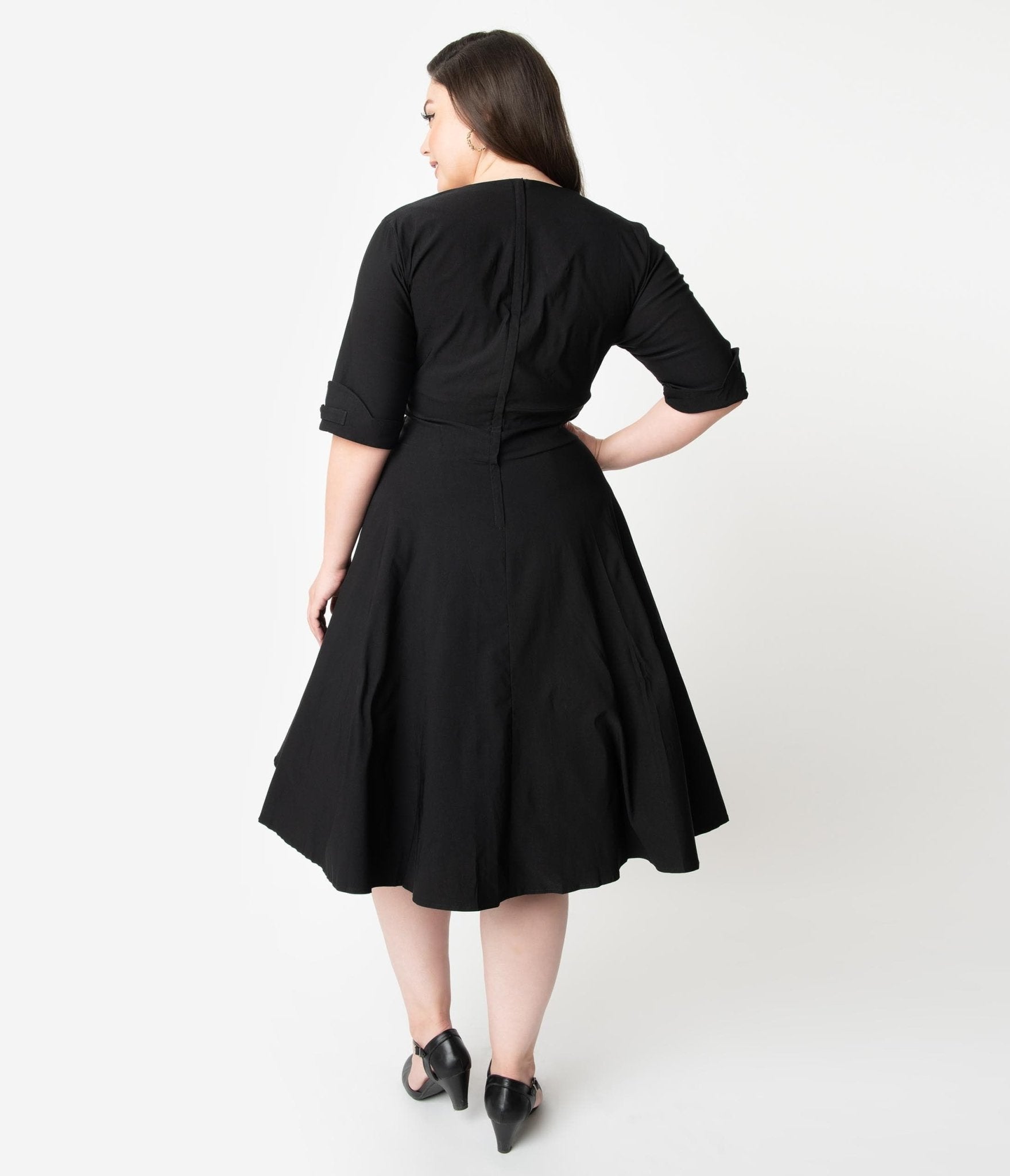 Unique Vintage Plus Size Black Button Swing Dress