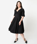 Plus Size A-line V-neck Elbow Length Sleeves Natural Waistline Swing-Skirt Above the Knee Pleated Vintage Banding Gathered Dress