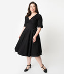 Plus Size A-line V-neck Swing-Skirt Above the Knee Elbow Length Sleeves Natural Waistline Vintage Pleated Banding Gathered Dress