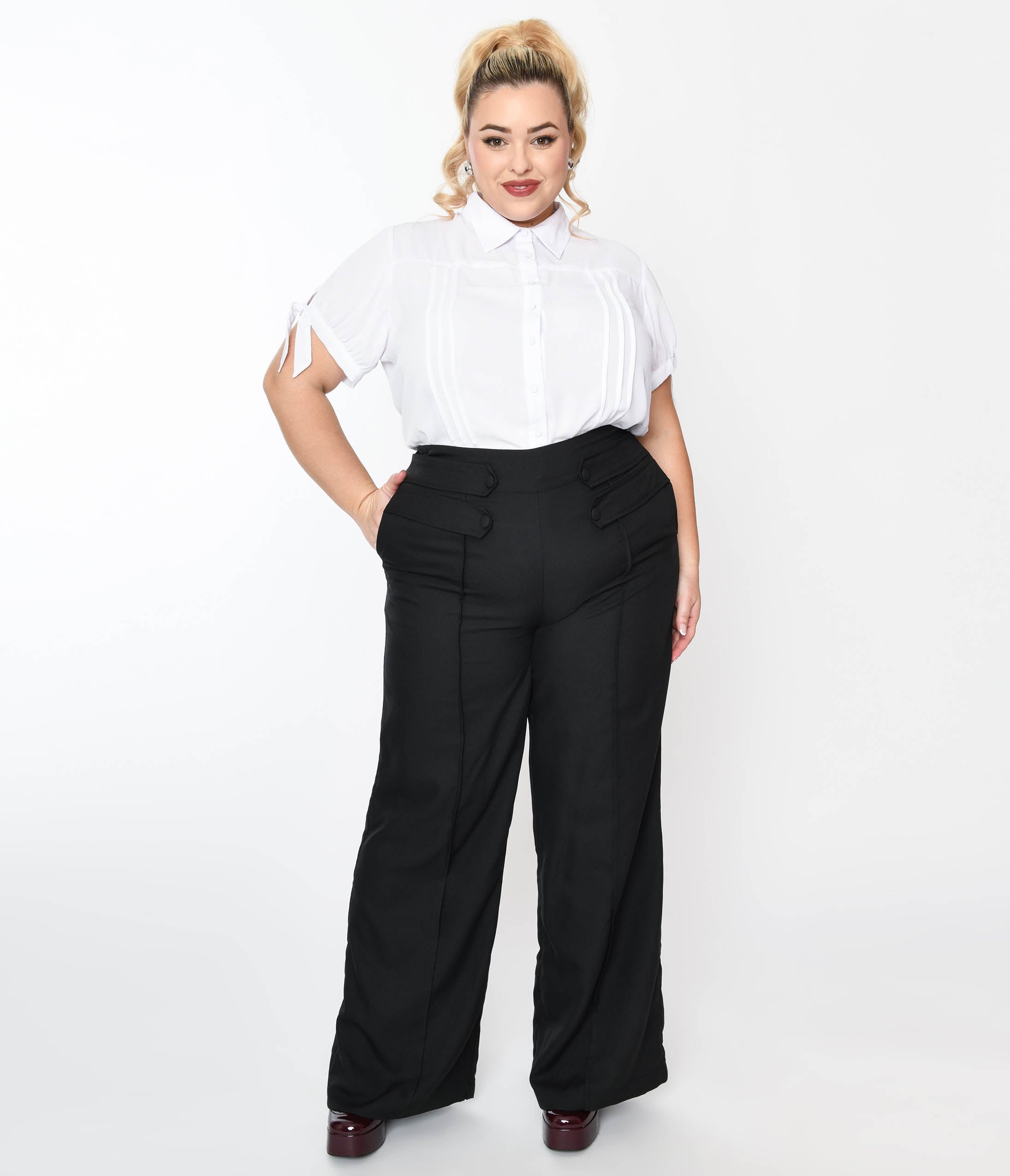 

Unique Vintage Plus Size 1940S Black High Waist Wide Leg Tab Pants