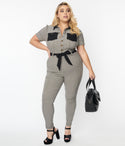 Plus Size Plaid Print Fitted Front Zipper Jumpsuit With a Sash