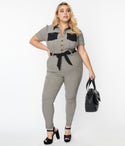 Plus Size Fitted Front Zipper Plaid Print Jumpsuit With a Sash