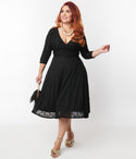 Plus Size V-neck Lace 3/4 Sleeves Swing-Skirt Dress