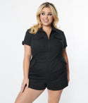 Plus Size Back Zipper Fitted Pocketed Cotton Romper