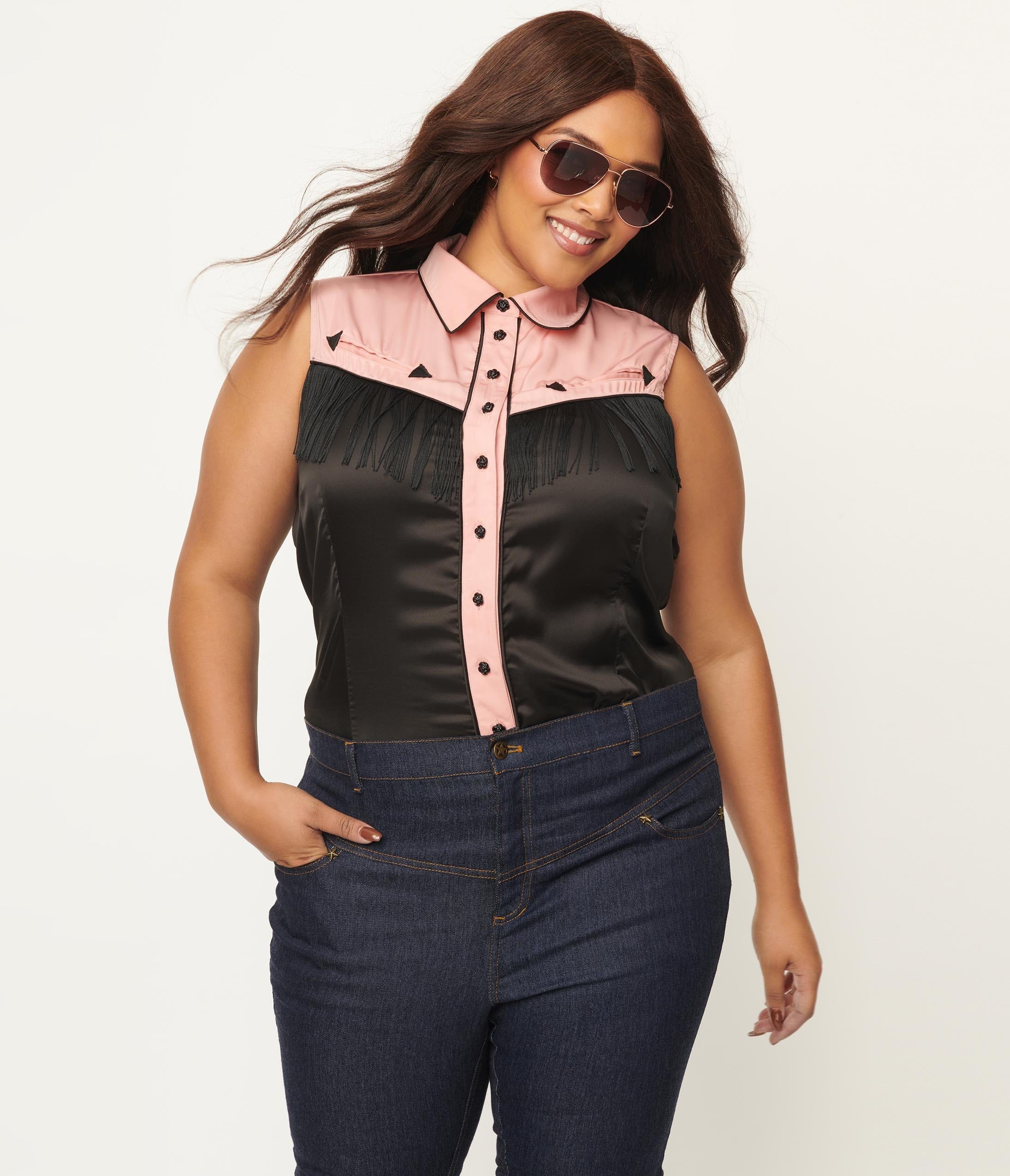 

Preorder - Unique Vintage Plus Size 1940S Black & Pink Western Prairie Girl Blouse