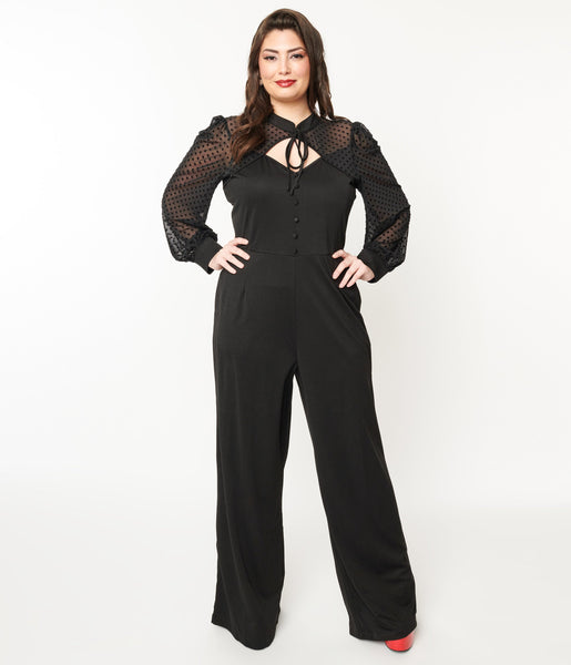 Plus Size Sophisticated Long Puff Sleeves Sleeves Polka Dots Print Cutout Button Closure Back Zipper Sweetheart Jumpsuit
