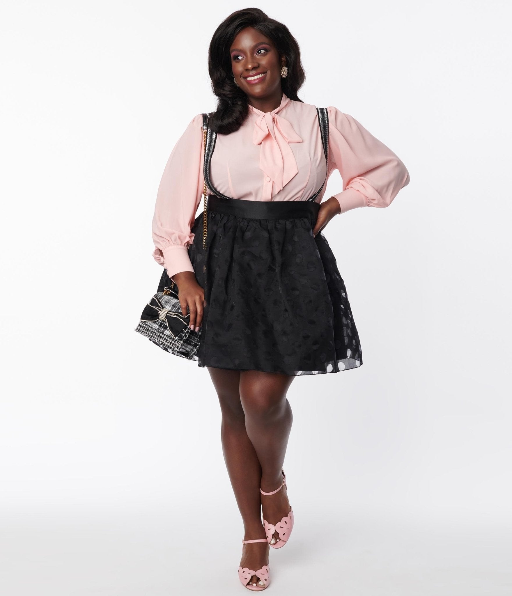 

Unique Vintage Plus Size Black Polka Dot Tulle Suspender Mini Skirt