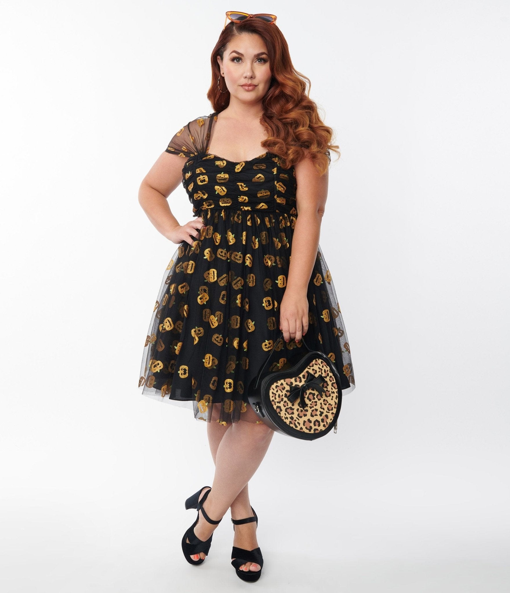 Image of Unique Vintage Plus Size Black & Pumpkin Print Babydoll Dress