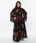 Plus Size Bell Sleeves Floral Print Collared Button Closure Vintage Fitted Elasticized Waistline Maxi Dress