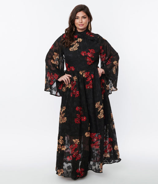 Plus Size Floral Print Collared Fitted Button Closure Vintage Elasticized Waistline Bell Sleeves Maxi Dress