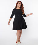 Plus Size Fitted Vintage Belted Fit-and-Flare 3/4 Sleeves Elasticized Princess Seams Waistline Little Black Dress