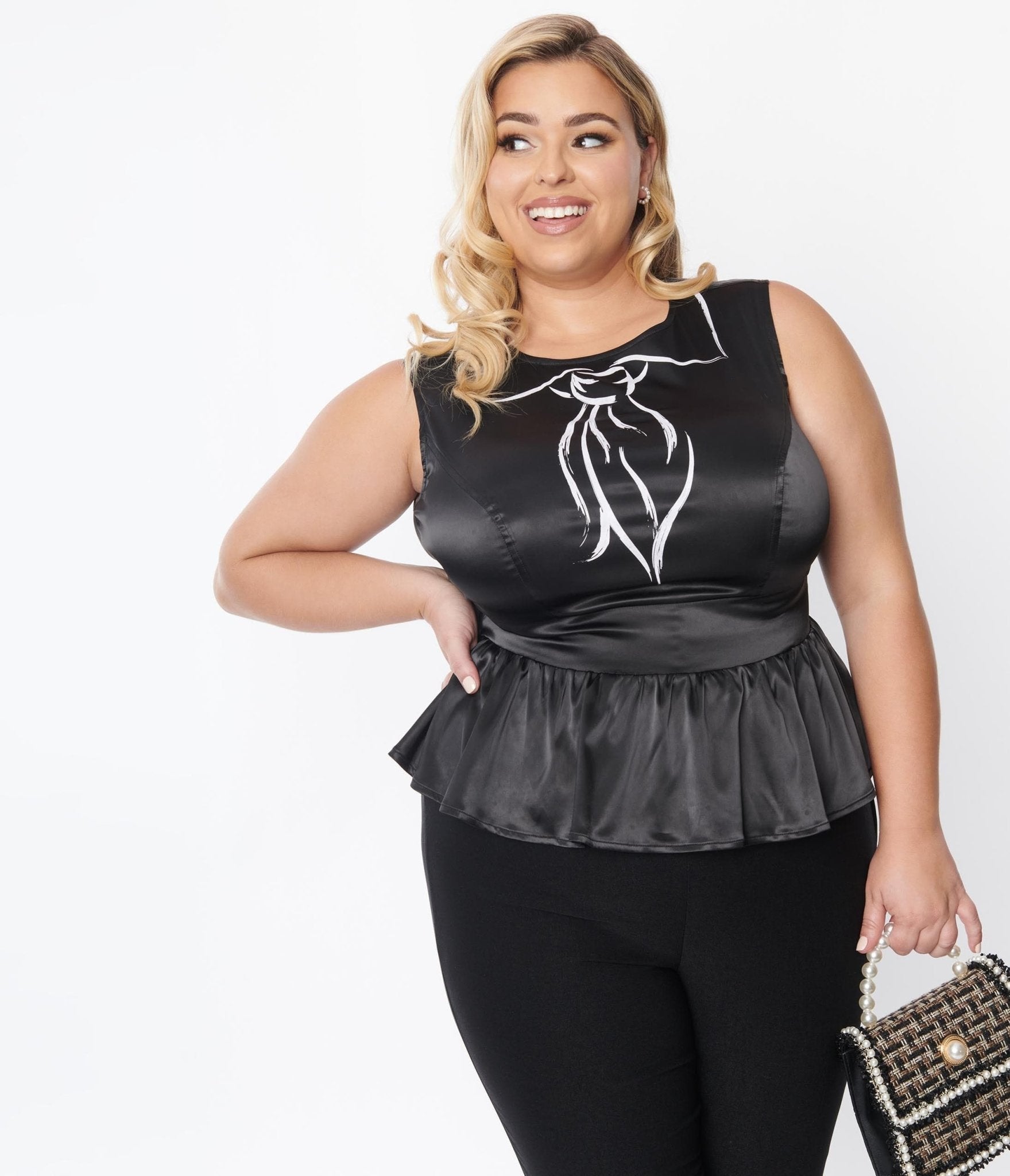 

Unique Vintage Plus Size Black & Trompe Loeil Bow Tie Honeybun Top