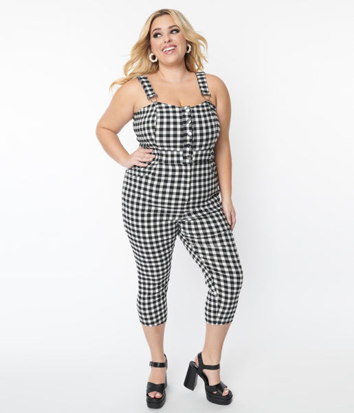 Plus Size Sweetheart Button Front Vintage Fitted Pocketed Denim Checkered Gingham Print Jumpsuit