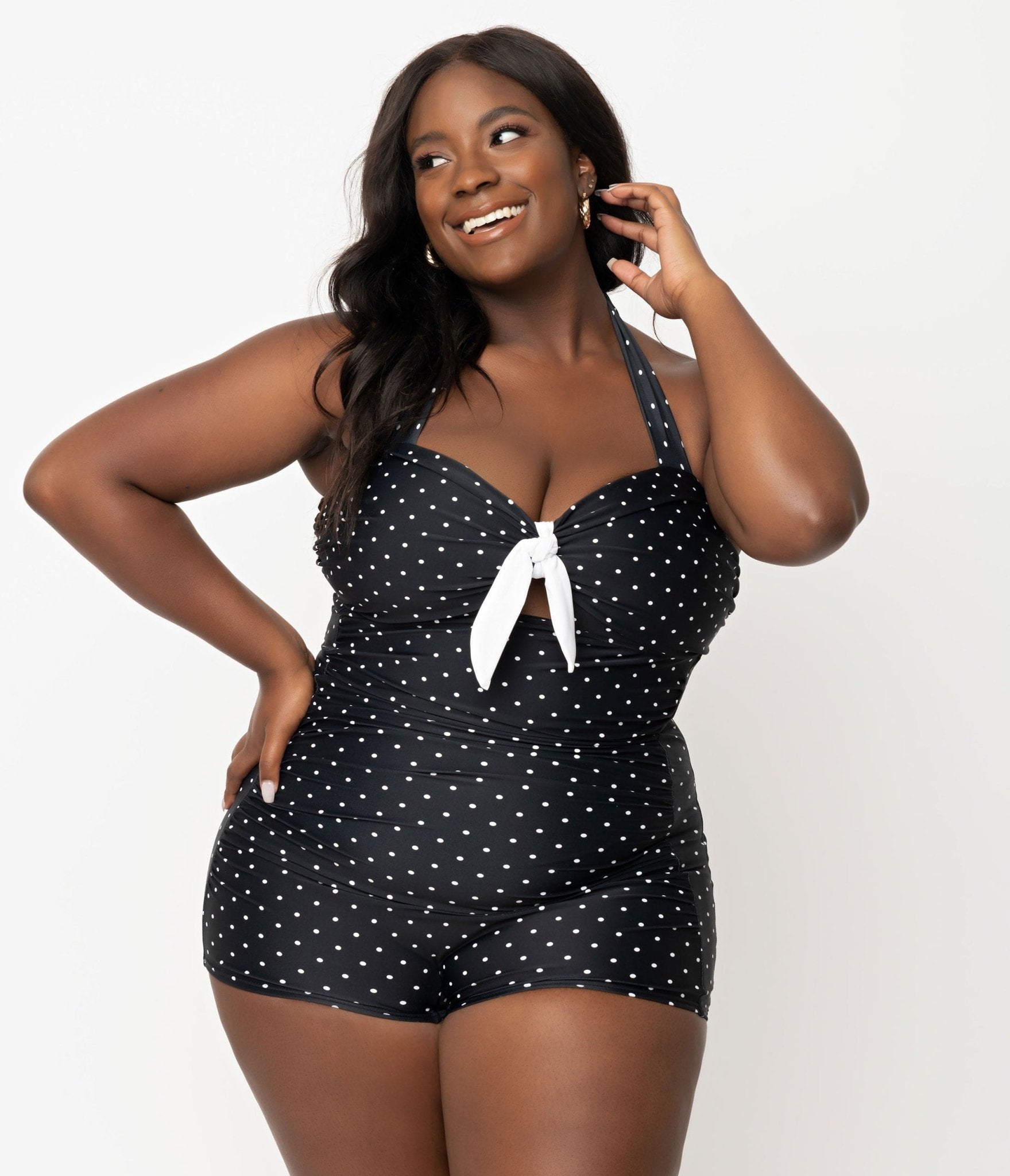 

Unique Vintage Plus Size Black & White Pin Dot Boy Short Pismo Romper Swimsuit