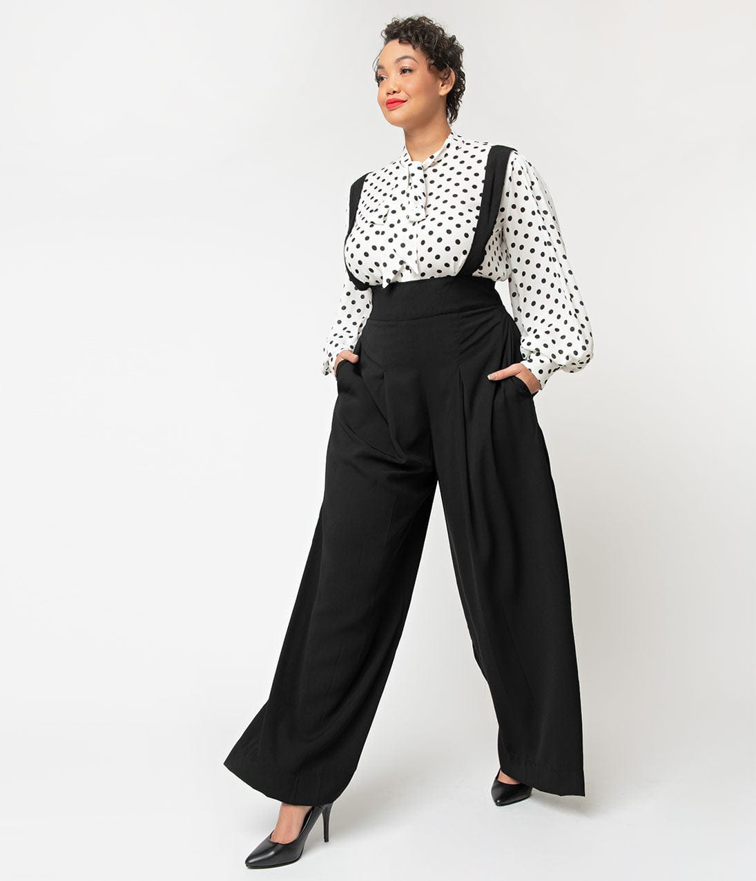 Vintage Overalls & Jumpsuits Unique Vintage Plus Size Black Wide Leg Rochelle Suspender Pants $78.00 AT vintagedancer.com