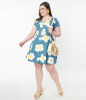 Plus 1970s Denim & Egg Flower Print Flare Dress