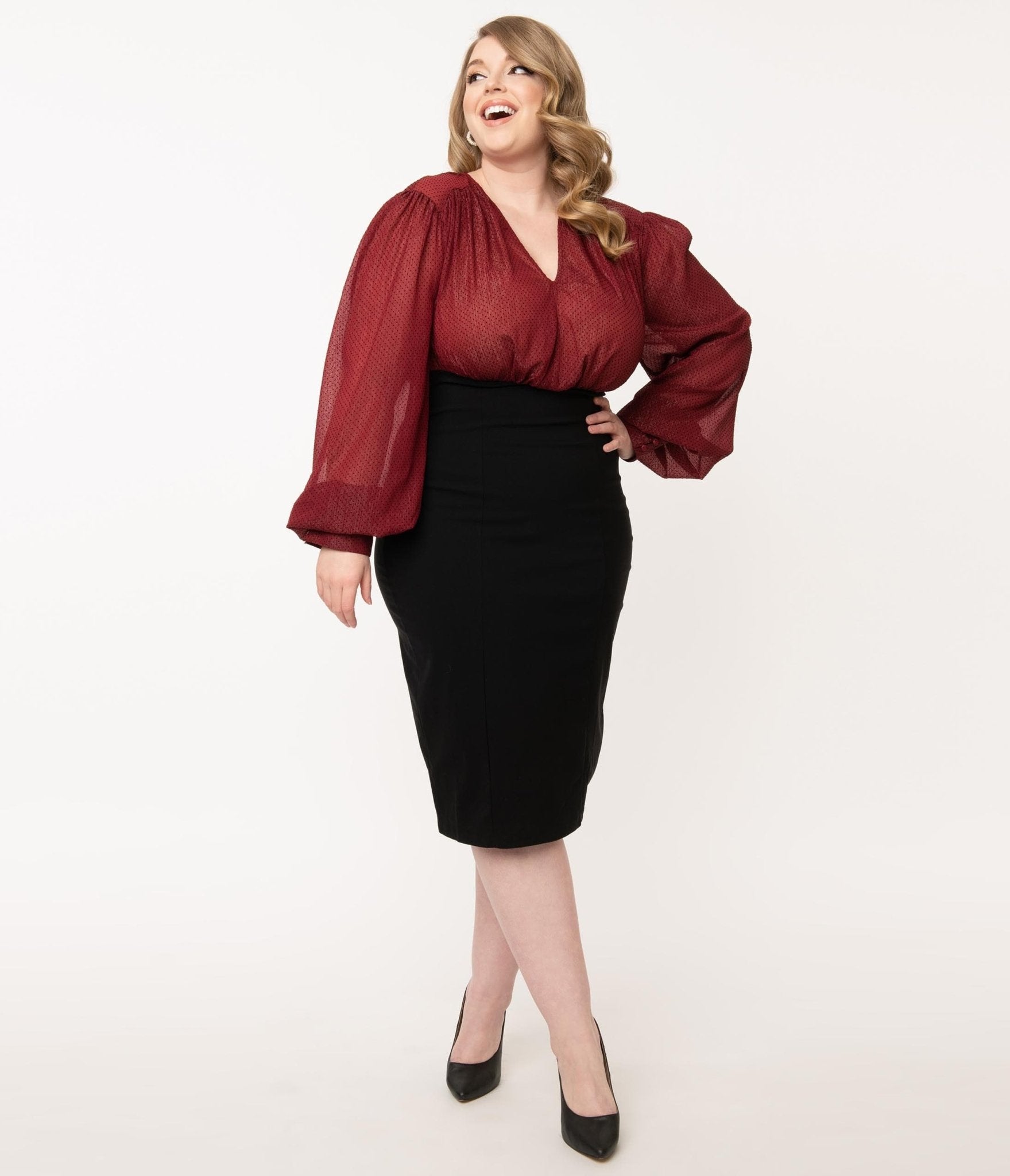 

Unique Vintage Plus Size Burgundy & Black Dot Swanson Wiggle Dress