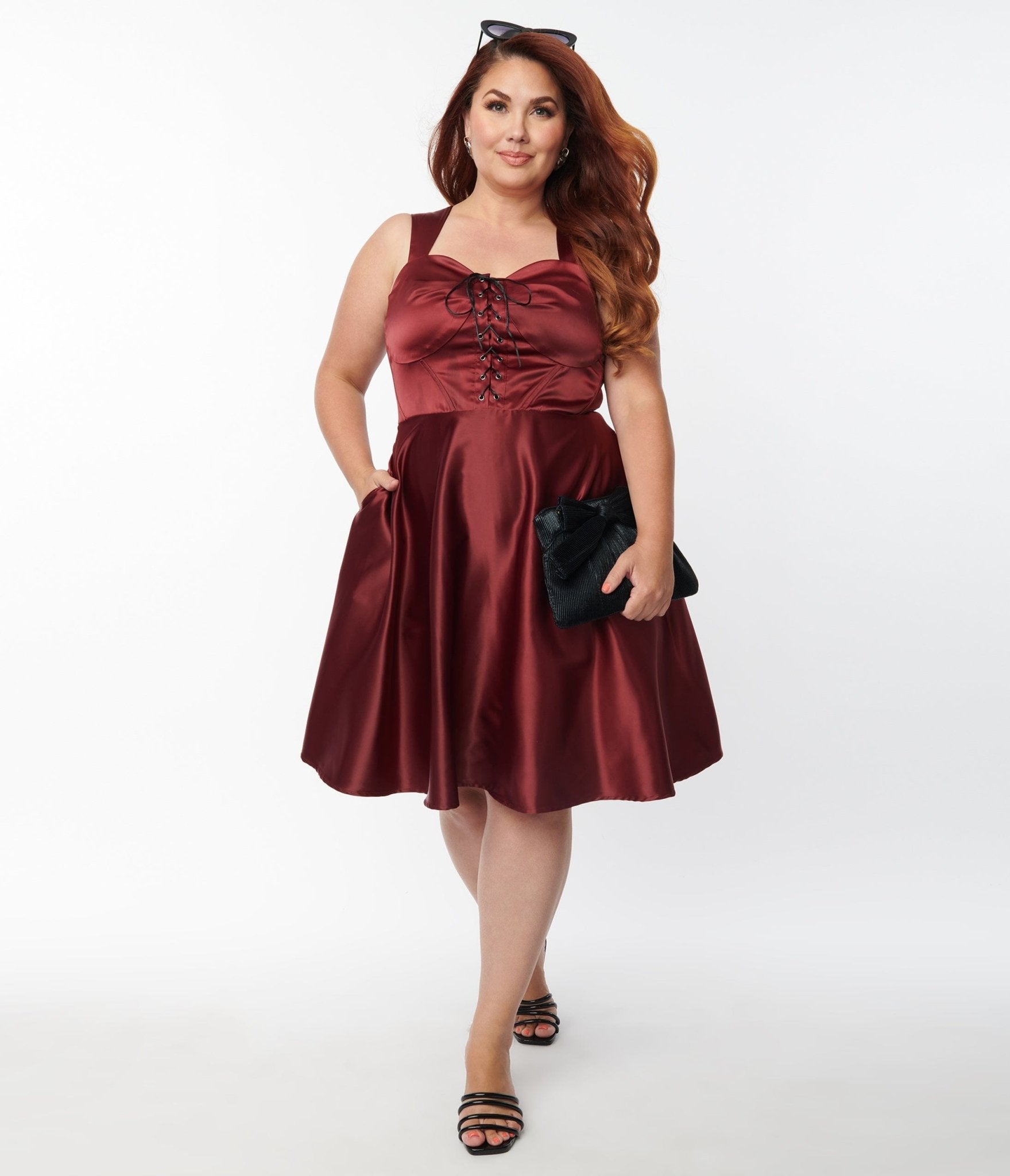 

Unique Vintage Plus Size Burgundy Satin Corset Flare Dress