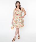 Plus Size Back Zipper Pleated Floral Print Elasticized Waistline Sweetheart Spaghetti Strap Dress