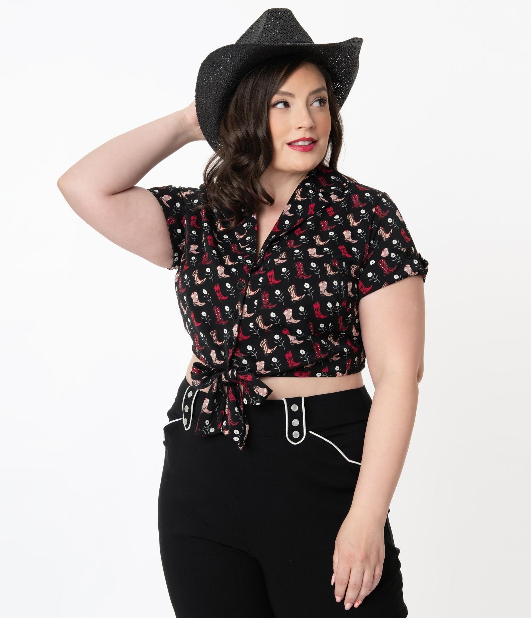 

Unique Vintage Plus Size Cowgirl Boots Print Shirley Crop Top