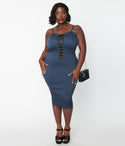 Plus Size Corset Waistline Spaghetti Strap Fitted Back Zipper Denim Dress