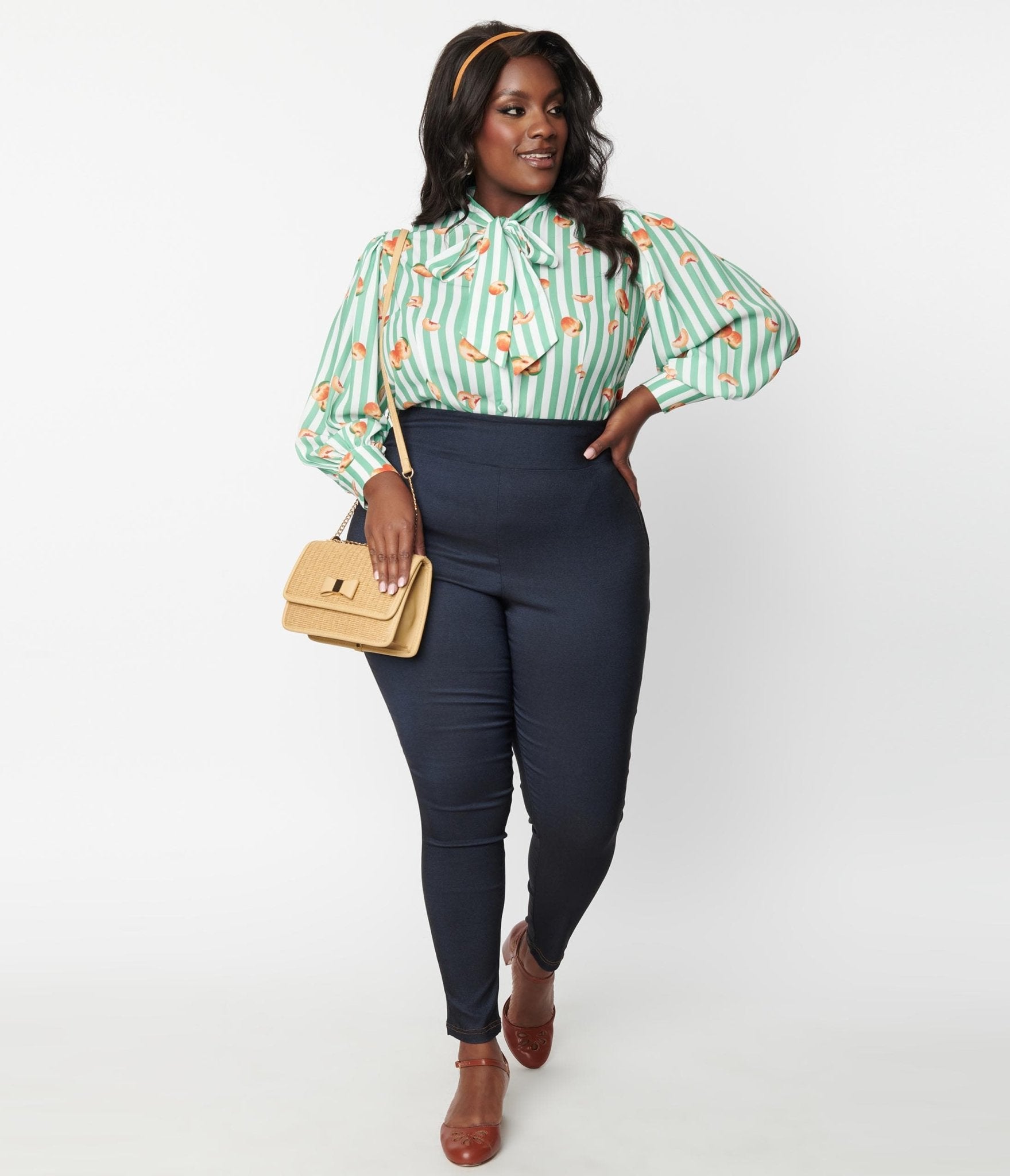 

Unique Vintage Plus Size Denim Bengaline & Peach Rizzo Cigarette Pants