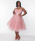 Plus Size Tulle Spaghetti Strap Fitted Glittering Mesh Back Zipper Swing-Skirt Dress