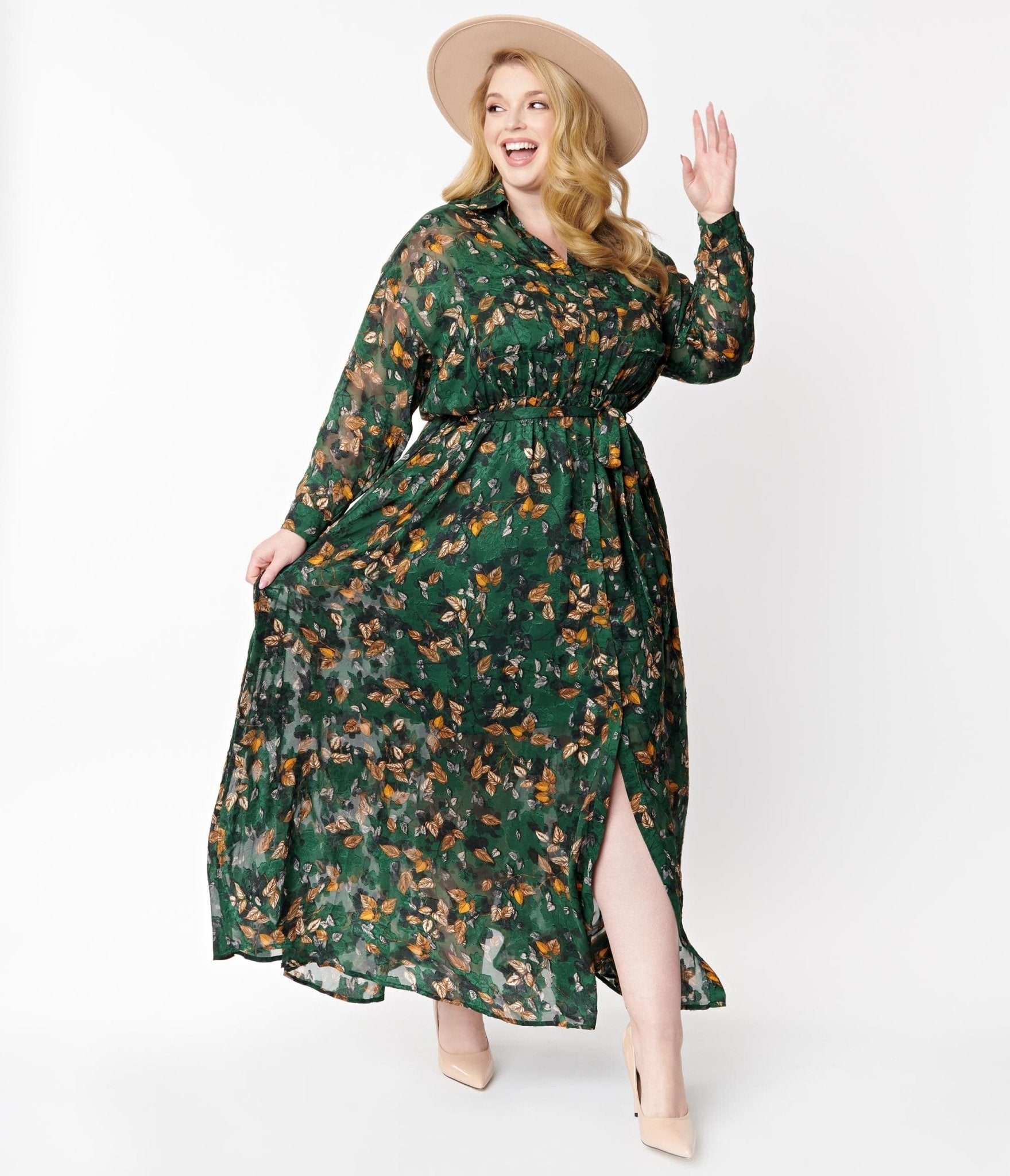 

Unique Vintage Plus Size Emerald & Gold Leaf Print Blanche Maxi Shirtdress