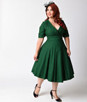 Plus Size A-line V-neck Swing-Skirt Vintage Pleated Gathered Banding Elbow Length Sleeves Natural Waistline Above the Knee Dress