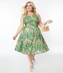 Plus Size Crepe Halter Swing-Skirt Floral Print Dress