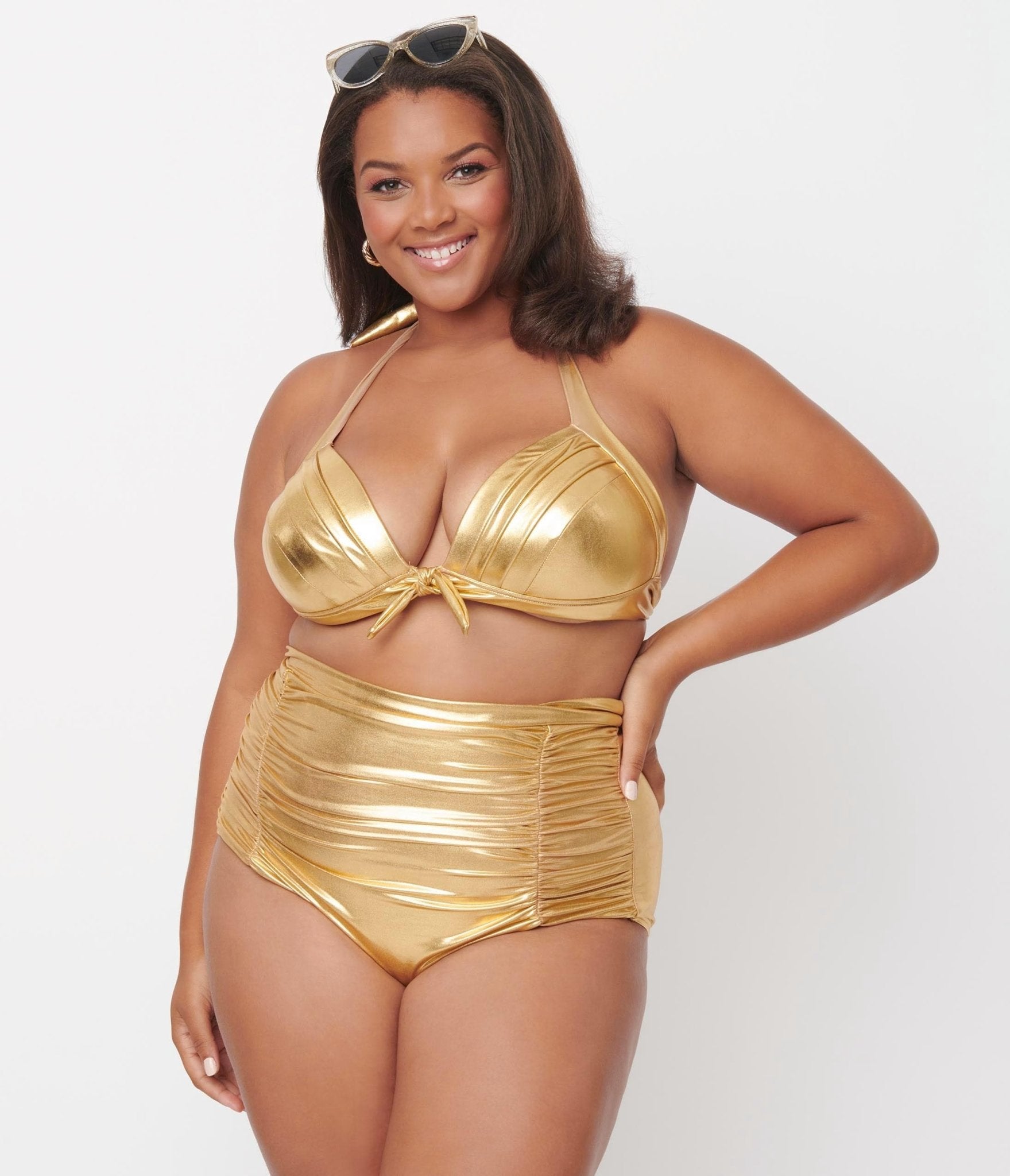 

Unique Vintage Plus Size Gold Monroe Halter Swim Top