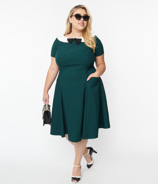 Plus Size Checkered Gingham Print Collared Back Zipper Fitted Swing-Skirt Dress With a Bow(s)