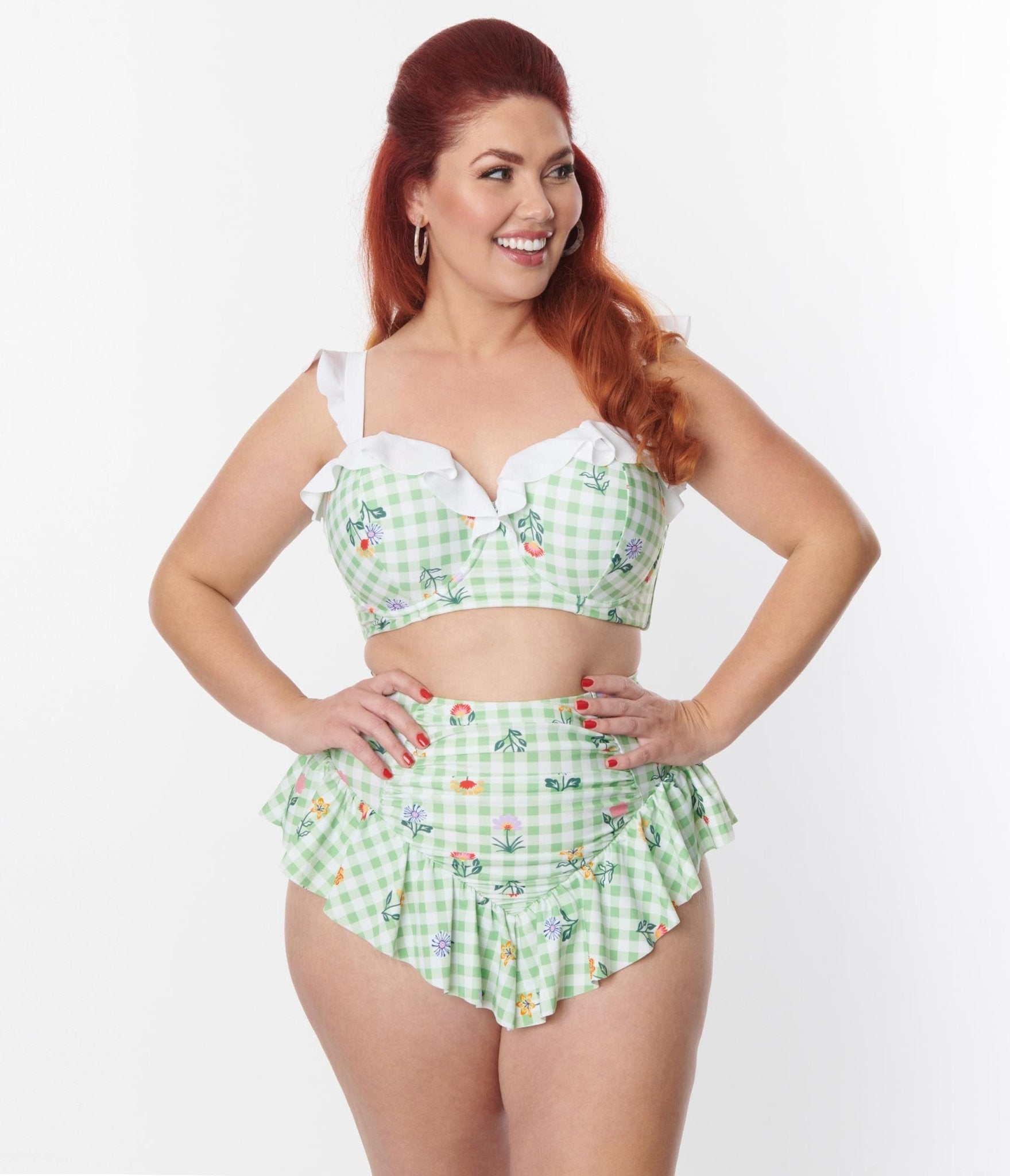 

Unique Vintage Plus Size Green Gingham Floral Southampton Swim Top